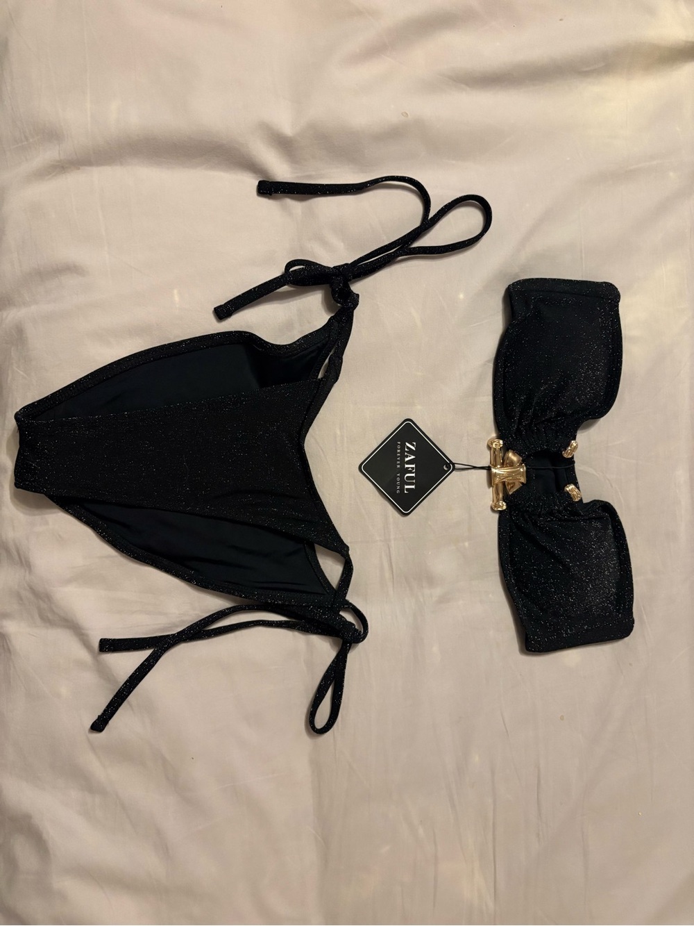 Zaful Black Sparkle Bandeau Bikini Set with Gold Hardware